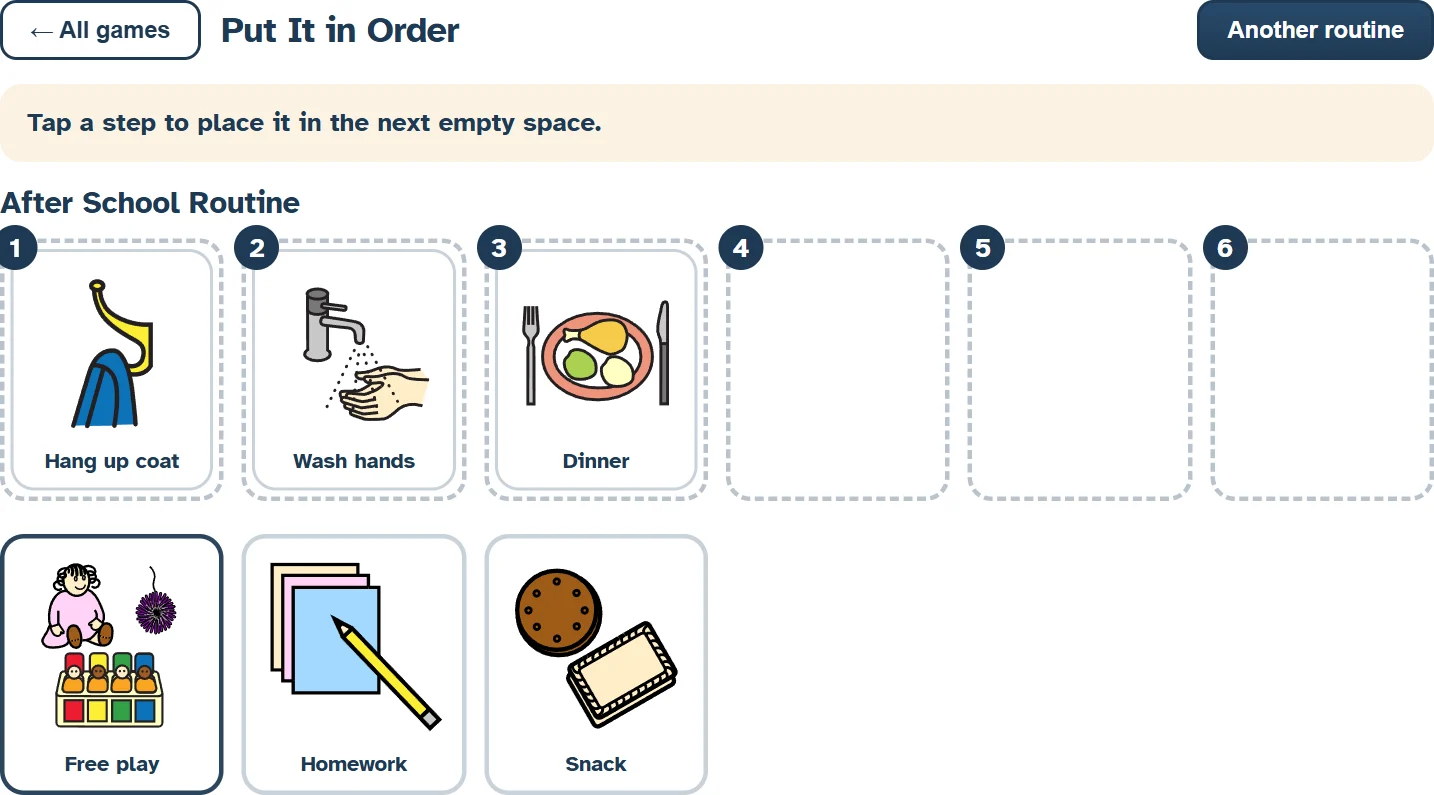 Put It in Order: the steps of a routine being placed in numbered spaces.