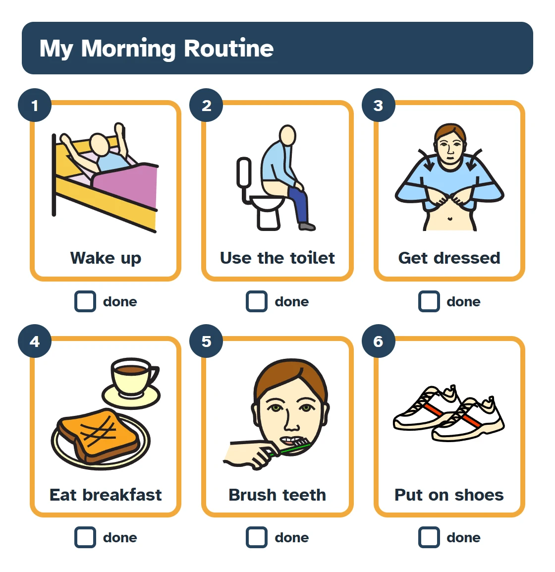 A ready-made morning routine chart with six picture steps and a box to check under each.