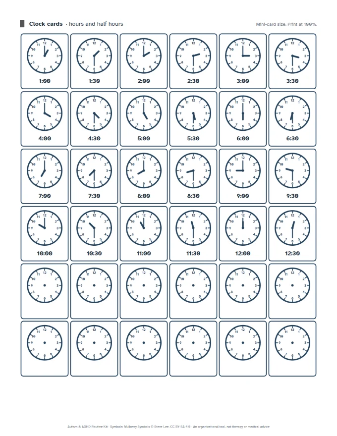 A sheet of clock cards for every hour and half hour.