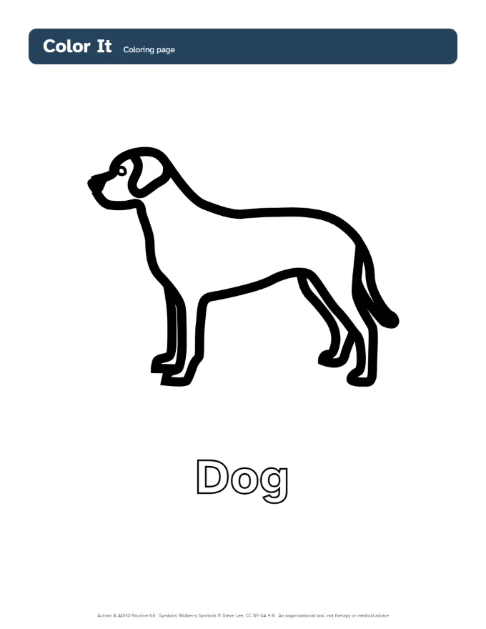 A coloring page with the outline of a dog and the word Dog in hollow letters.