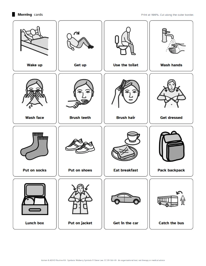 The same card sheet in grayscale with thin borders.