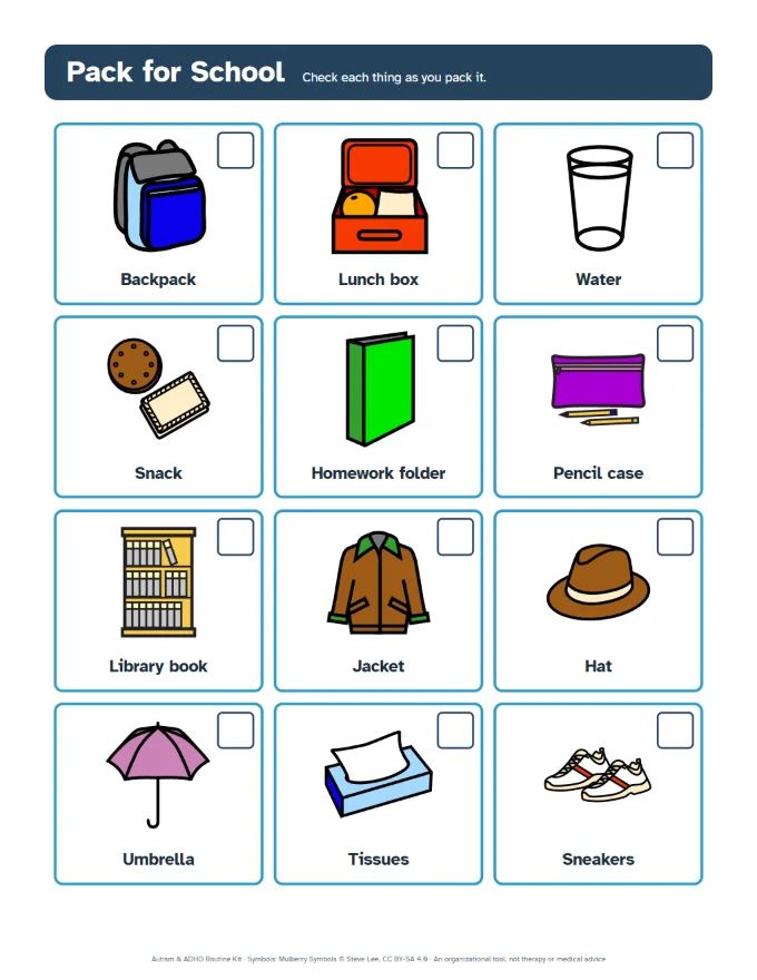 A Pack for School picture list with twelve items and a box to check on each.