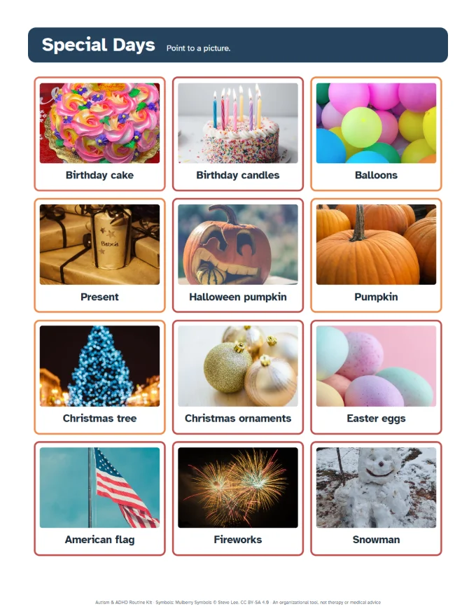 A special days board with twelve real photos of holidays.