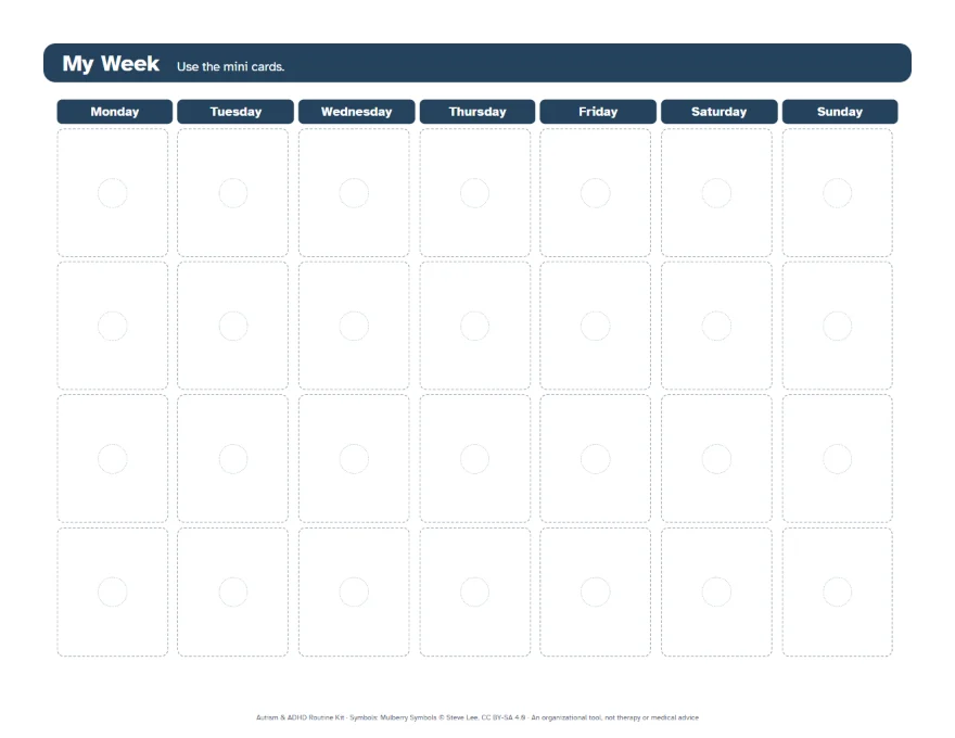 Weekly schedule with seven day columns.